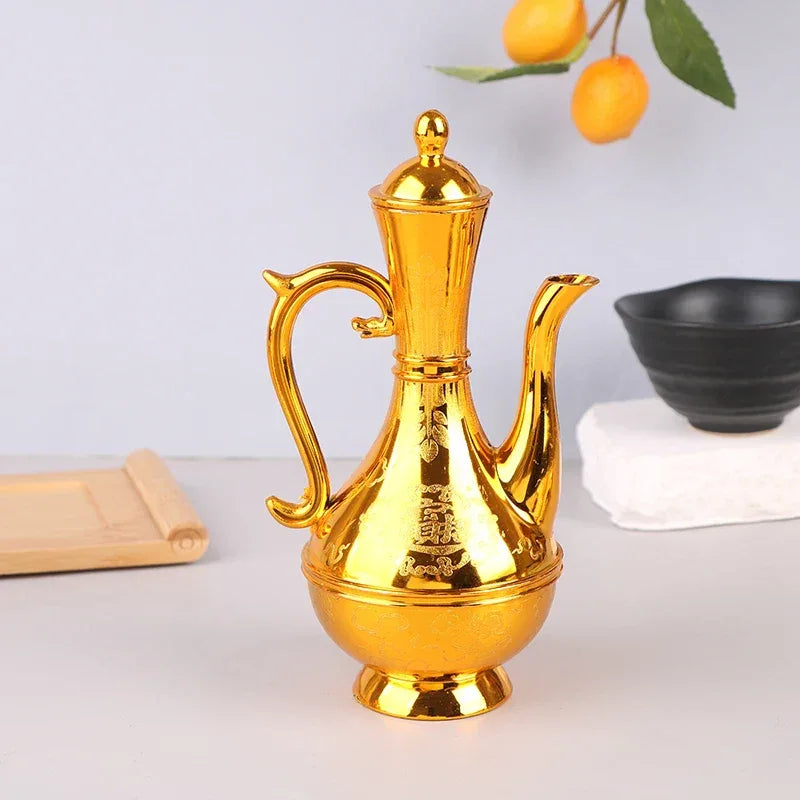 Wine Kettle Coffee Pot Set Vintage Wine Glasses Jug Exquisite Tea Pot Golden Teapot Household Classic Temple Offering Cup - Golden Bridge Store