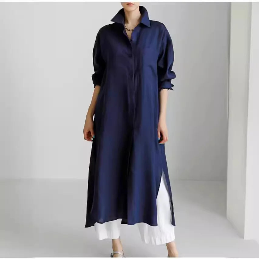 Elegant Women Shirts Dress Spring Fashion V-neck Long Sleeve Cotton Linen Maxi Dresses Ladies Casual Holiday Vestidos 2024 Robes