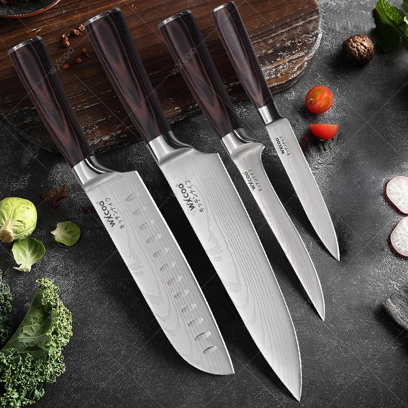 WXCOO Professional Kitchen Chef Knife Damascus Steel Laser Pattern Santoku Knife Double Side Magnetic Kitchen Knife Block