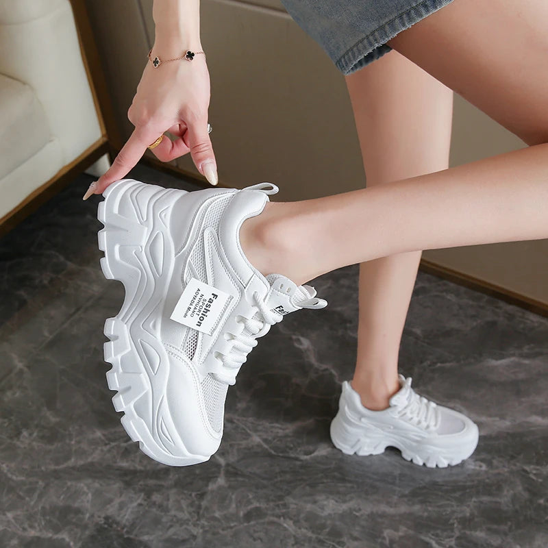 Whiet Breathable Chunky Sneakers Woman 2025 Spring Thick Platform Casual Sneakers Women Non Slip Lace Up Sports Shoes Female