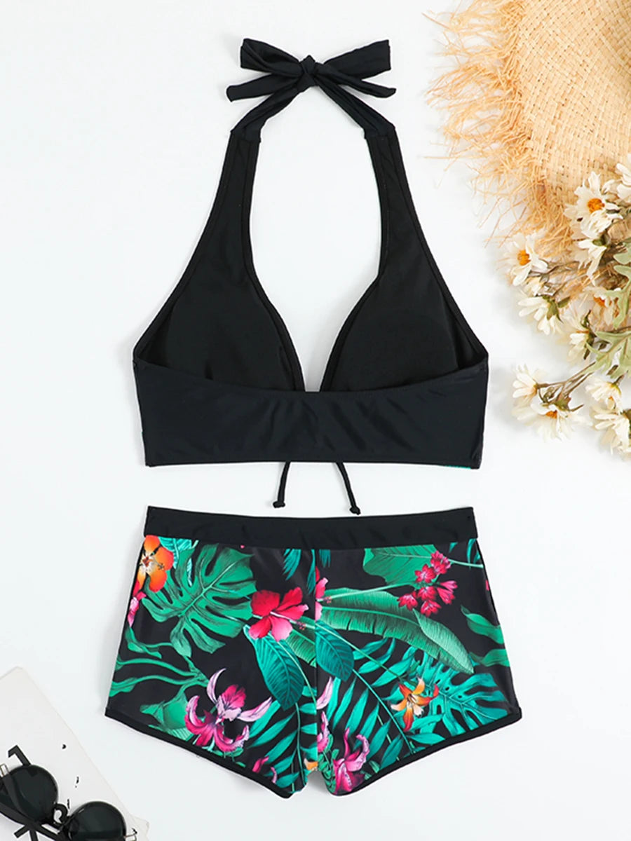 Halter Bikini Set Kurzer Schwimmanzug Frauen High Waist Bedruckte Bademode