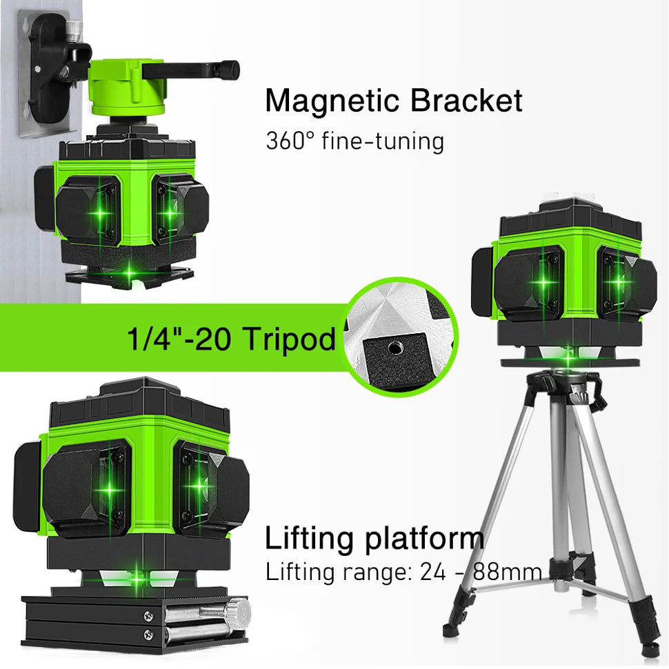 CLUBIONA 16/12 lines Self-leveling Remote Control Outdoor Mode - Receiver Auto 3x360 Green beam Line Laser Level