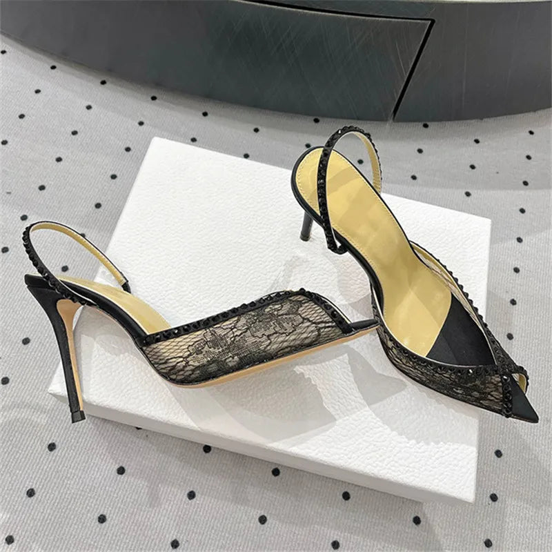 Elegant Women Pointed Toe Rhinestone High Heeled Shoes for Woman's Lace Peep Toe Thin Heels Sandals elegant Ladies Wedding Pumps