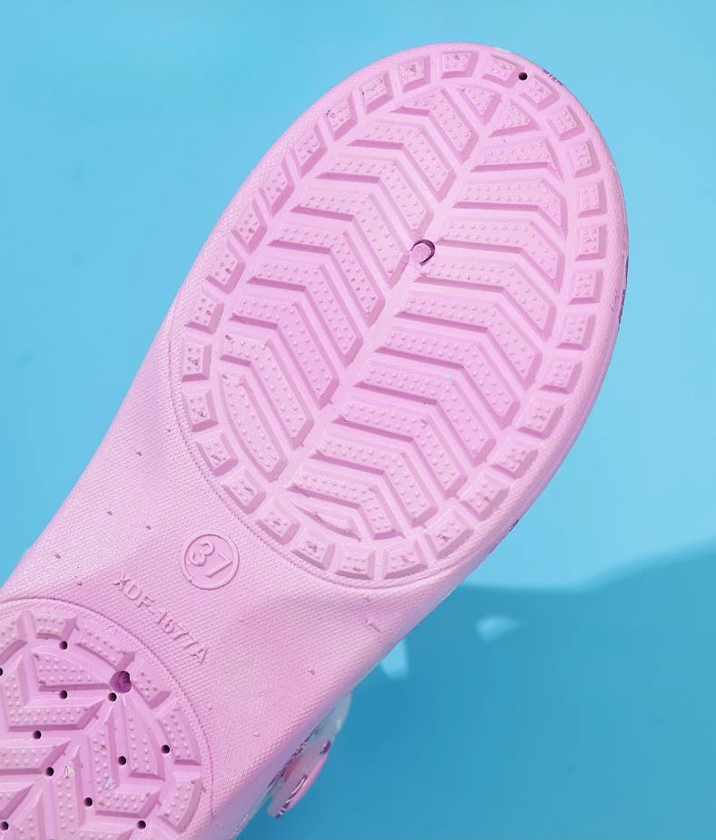 Women's Pink Floral & Butterfly Print Transparent T - Strap Jelly Sandals - Comfortable & Stylish Summer Printed Hole Shoes