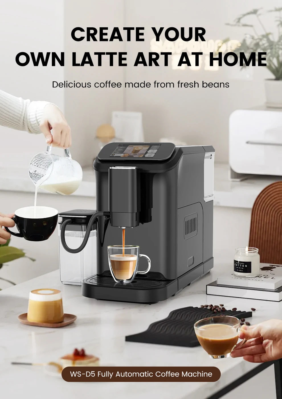 Mcilpoog WS-D5 Automatic Coffee Machine - Smart Wi-Fi , 12 Coffee Varieties, Touchscreen & Built-In Frother/1.5L Tank for Home
