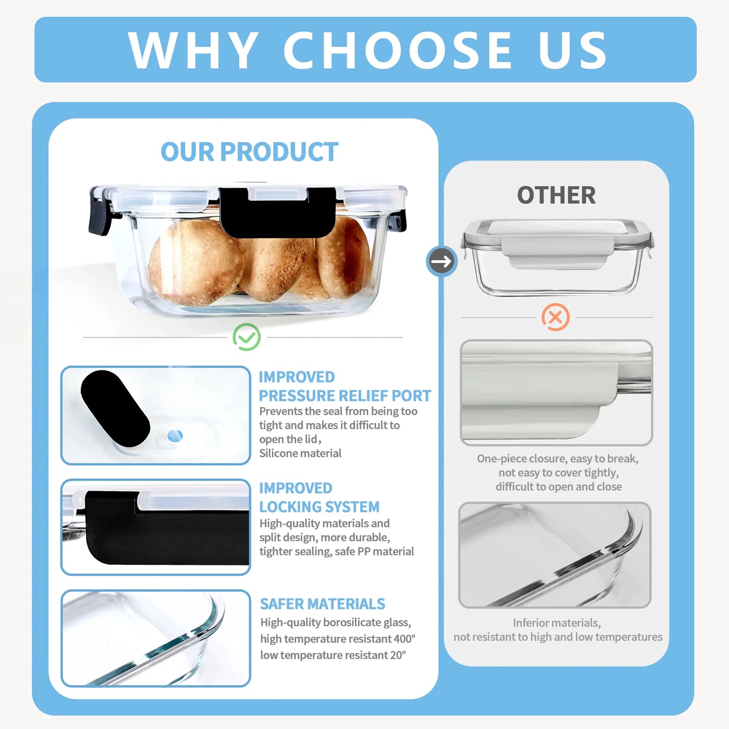 800ml Quadratische Glas-Lunchbox, Mikrowellen- & Ofenfest, Auslaufsichere Luftdichte Bento-Box Aufbewahrungsbehälter, Tragbar für Unterwegs