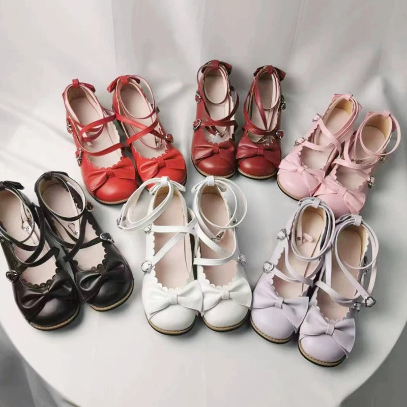 Lolita Schuhe Damen 2025 - Flats Low Round Cross Straps Schleife - Süße Mädchen Prinzessin Tea Party Schuhe Studenten 34-41