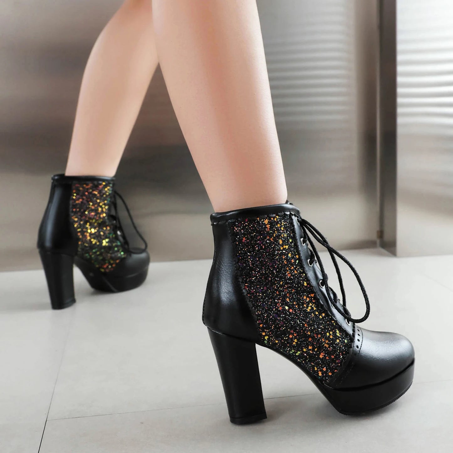 Women Ankle Boots Gold Silver Red Platform Shoes Elegant Studded Sequin Lace Up Autumn Winter Comfy Stable Chunky High Heels