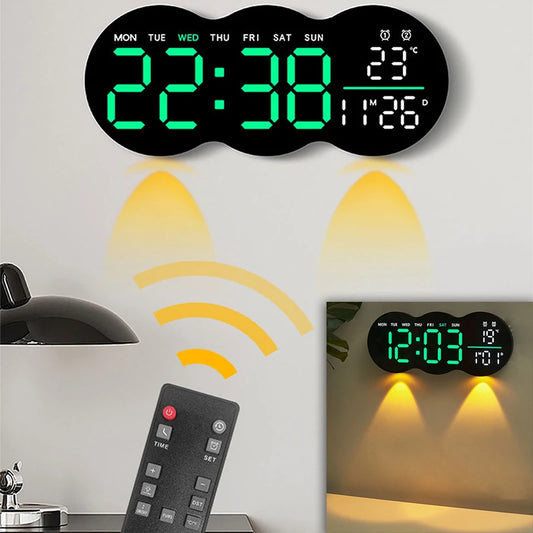 Wanduhr 2025: Large Digital Wall Clock with Ambient Light Remote Control - Temp Week Display 12/24H 2-Alarms Brightness Adjustable LED Clocks Collection