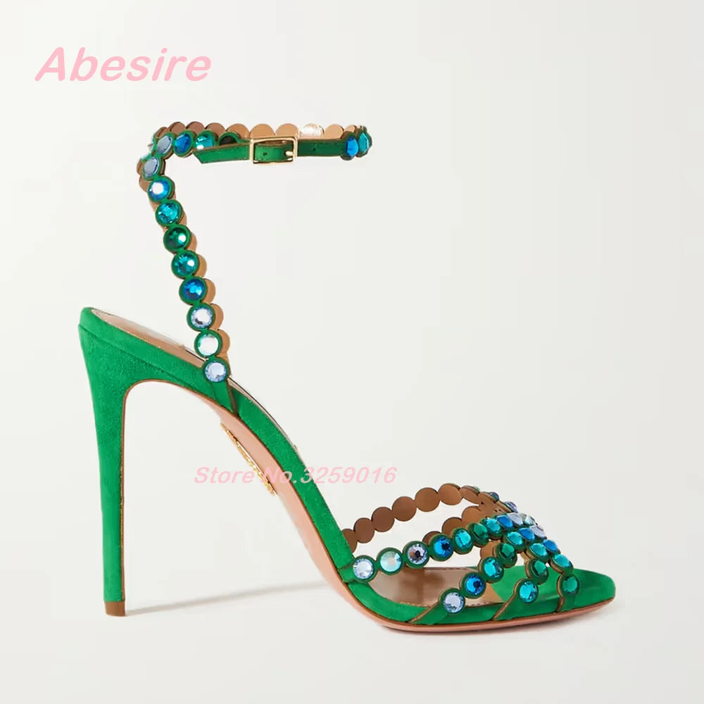 Crystal-Embellished Pvc Sandals Suede Rhinestones Stiletto Heels Women's Sandals Buckle Strap Slingback Elegant Party Shoes Sexy