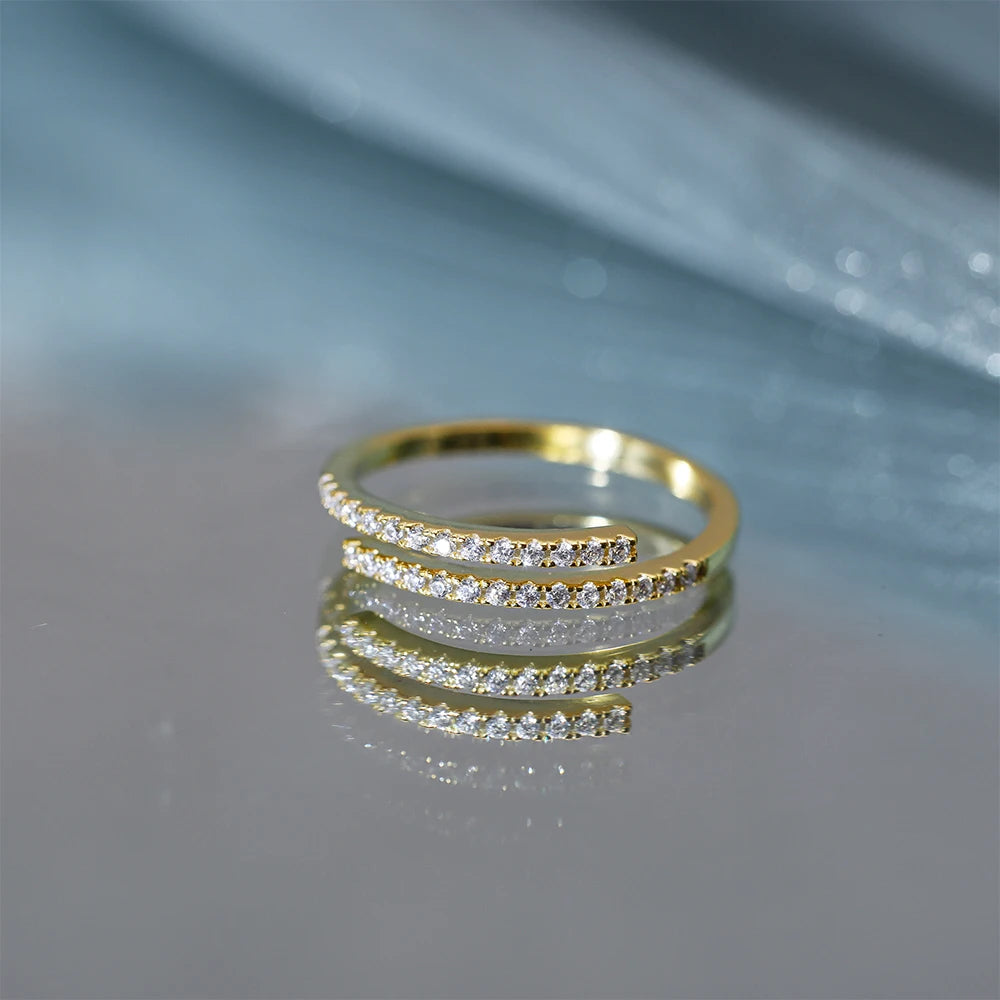 Aide 925 Sterling Silver Double Layers Sparkling CZ Zircon Pave Adjustable Rings For Women Luxurious Versatile Stackable Ring