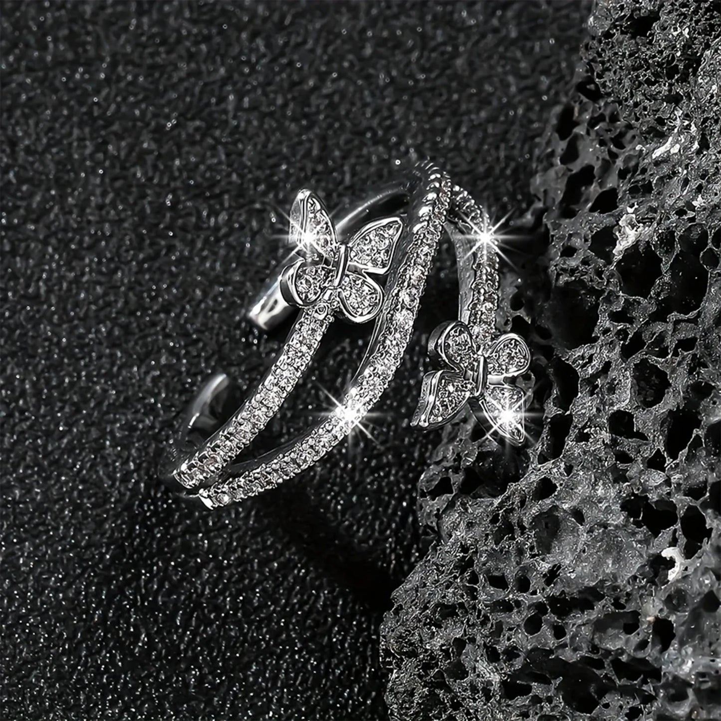 Inel elegant și reglabil cu fluture dublu, inel cu trei straturi, inel personalizat pentru degetul arătător, potrivit pentru purtare zilnică și cadou