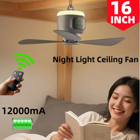 New Remote Control Mini Ceiling Fan USB Wireless Cooling Fan 12000mAh Portable LED Night Light Camping Fan with USB Ceiling Fan