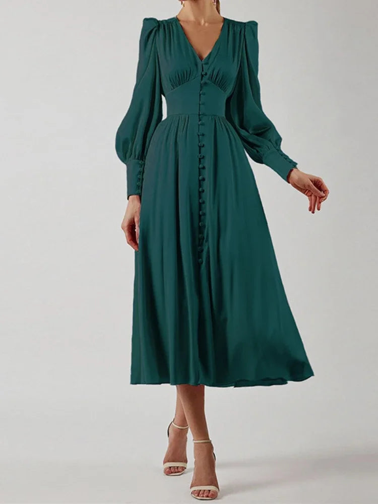 Elegante Mode Einreihig High Waist Satin Kleid - Midi Gr M