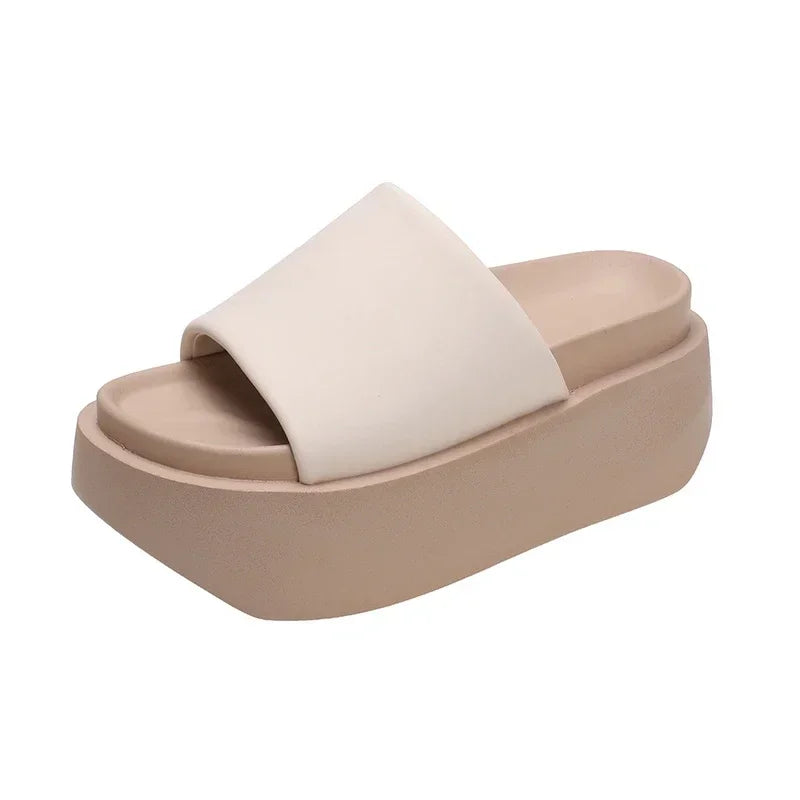 Summer Women Slippers Ladies Beach Flip-Flops Chunky Leather Shoes Wedges Heels Outside Sandals Woman High Platform Slippers 8CM