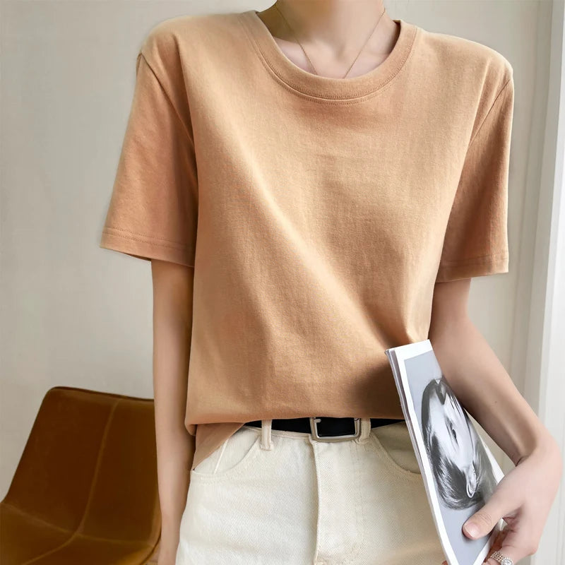 Women T-shirts 2025 Tops Solid Short Sleeve Loose O-neck Cotton Casual Ladies Shirts Harajuku Korean Summer Woman Tshirts