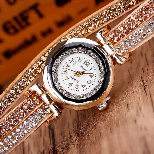 Damen-Uhr 2025: MOONBIFFY Fashion Casual Gold Quartz Women Rhinestone Watch - Braided Leather Bracelet Watch Gift Ladies Wristwatch Relogio Feminino Gift Collection