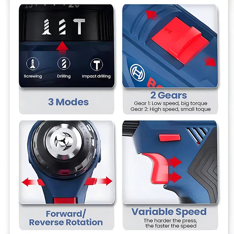 Bosch GSB 185 Li Cordless Impact Drill 3 In 1 Multifunctional 50Nm Electric Screwdriver Brushless Hammer Drilling Pro Power Tool