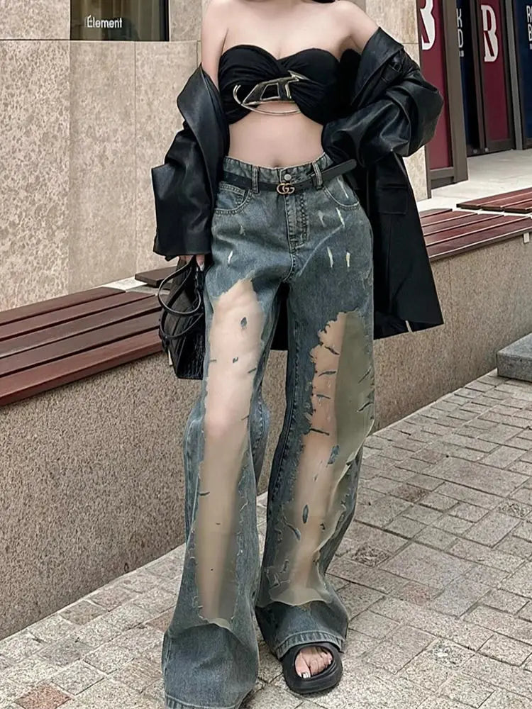 Jeans Women Fashion Lace Patchwork Embroidery Vintage Loose Women Jeans Pants