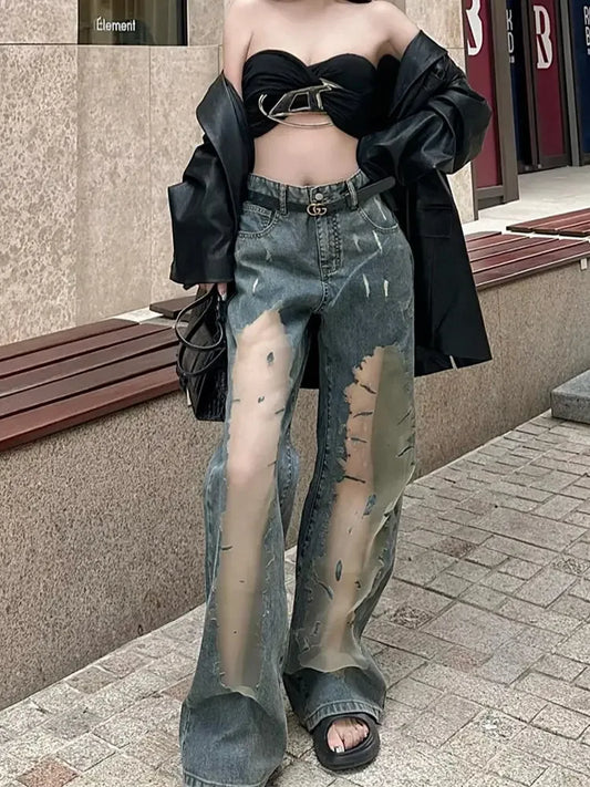 Jeans Women Fashion Lace Patchwork Embroidery Vintage Loose Women Jeans Pants - Golden Bridge Store