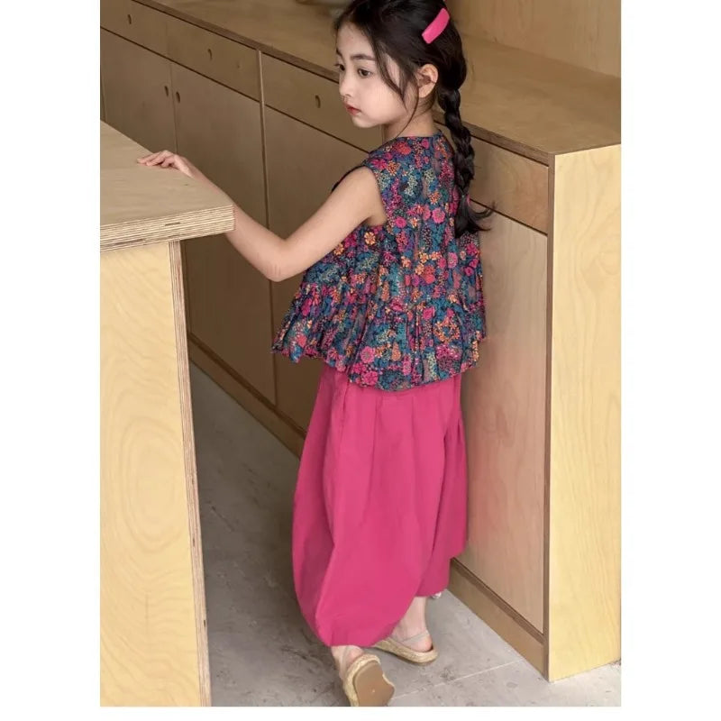 New Summer Infant Baby Girl 2PCS Clothes Set Cotton Floral Print Sleevelss T-shirt Suit Solid Soft Wide Leg Pant Kid Girl Outfit