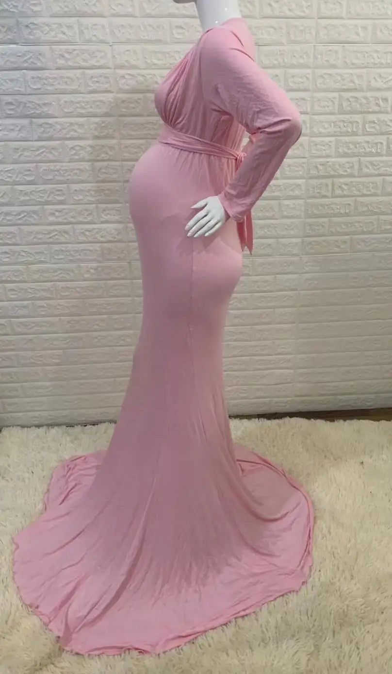 Rochie de maternitate pentru femei, primăvară-toamnă, elegantă, subțire, cu decolteu în V, mânecă lungă, tip sirenă, Maxi, pentru fotografie, ședință foto pentru bebeluși