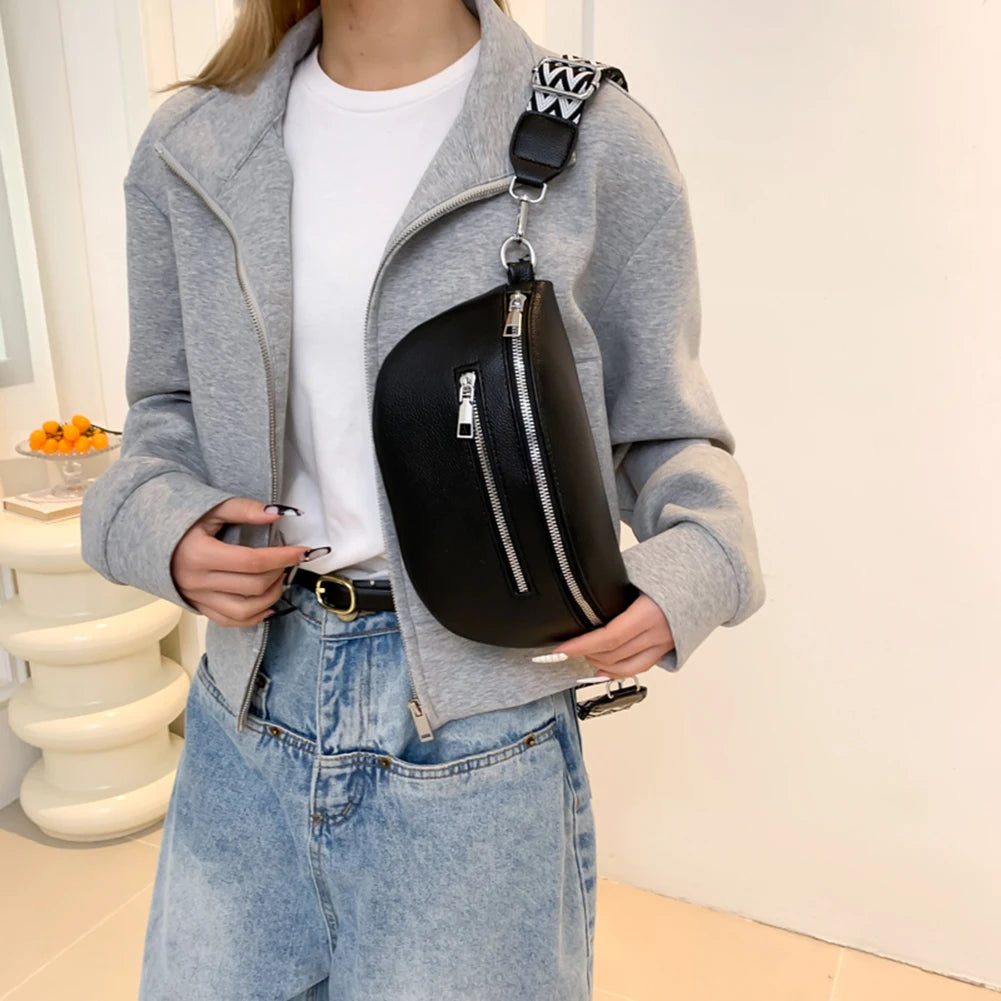 Women Stylish Crossbody Bag with Wide Strap Vintage Chest Bag Multi-pocket Fashion Sling Bag Travel Outdoor Bag