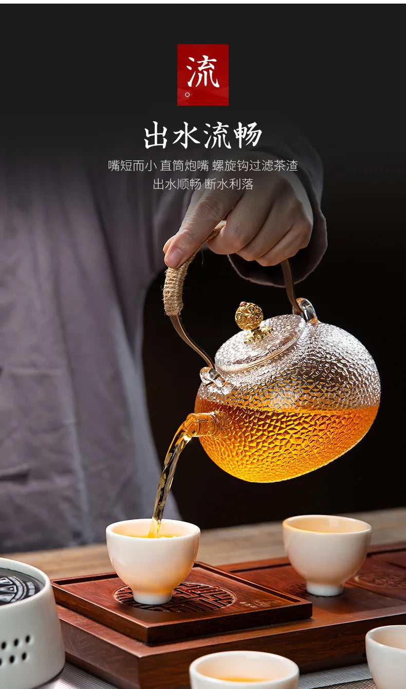 Japanese-style Hammer Pattern High Temperature Resistant Glass Tin Flower Copper Handle Beam Pot Teapot Glass Tea Set