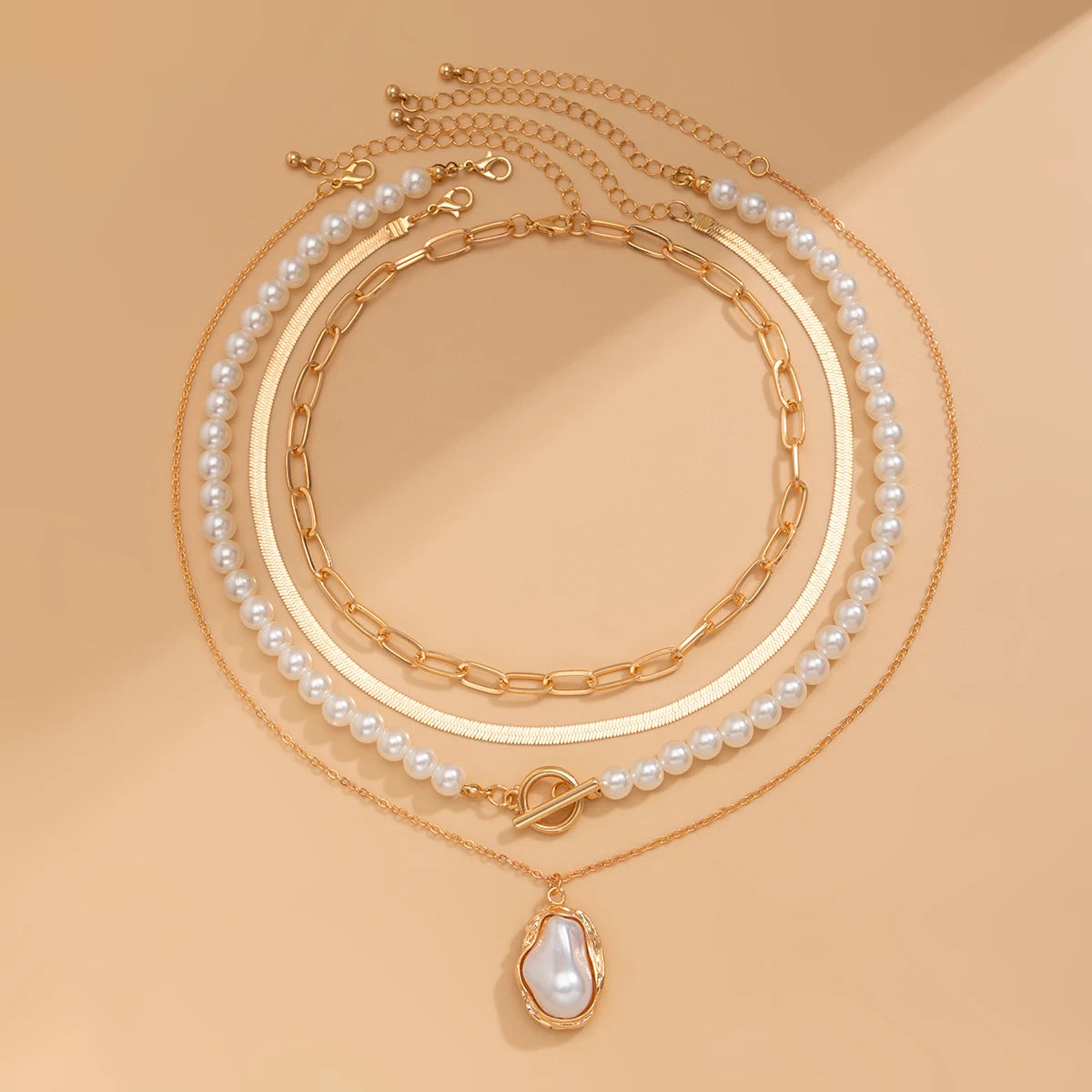 IngeSight.Z Fashion Exquisite Baroque Imitation Pearl Pendant Women's Necklace Multilayer Link Flat Snake Chain Choker Jewelry