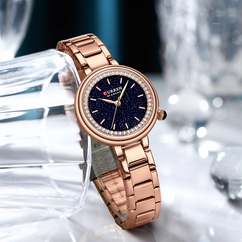 CURREN Luxus Uhr Damen Ring Halskette Ohrringe - Strass Mode Armbanduhr Weiblich Casual Damen Uhren Armband 5-teiliges Set
