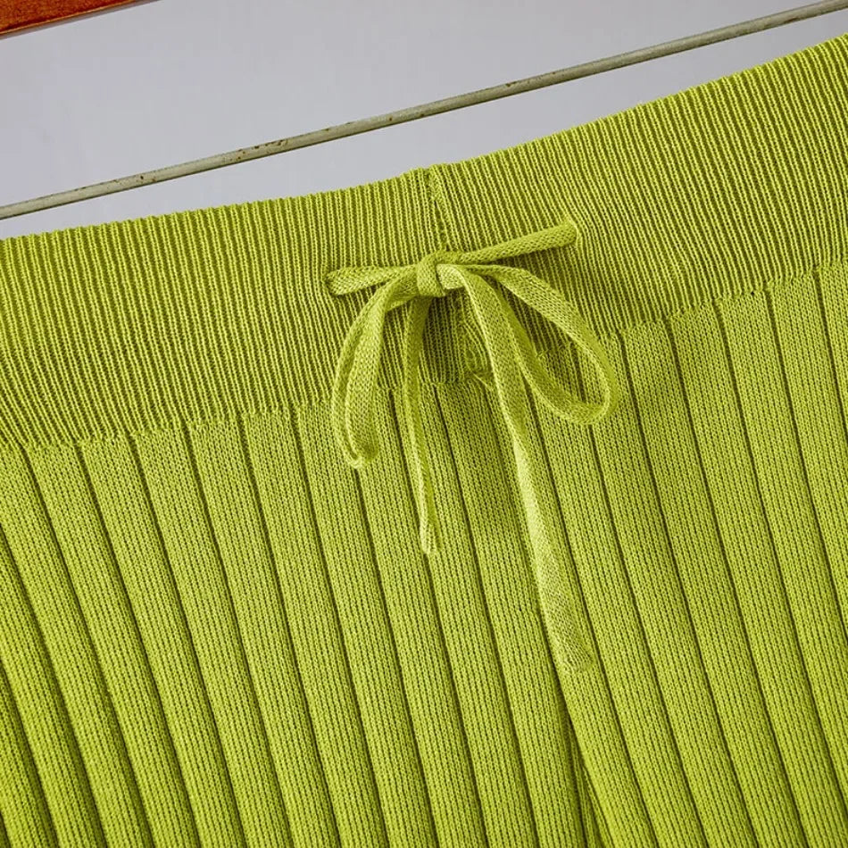 Elegant 2-Piece Sets for Women, Casual Knitting, Sleeveless, O Neck Tops, Loose Lace Up, Wide Leg Pant Set, Summer Fashion, New