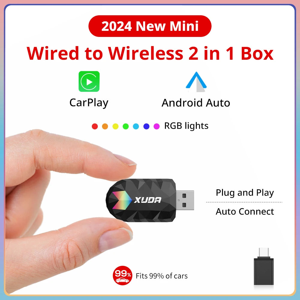 XUDA 2 în 1 Wireless CarPlay AI Mini Box 2025 - Android Auto Box Plug Play - Conexiune automată compatibilă cu 99% dintre radiourile auto pentru mașini