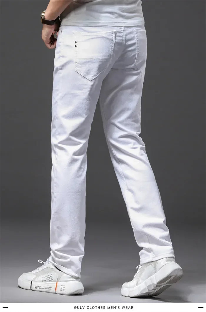 Four Seasons Men's White Jeans Fashion Casual Classic Style Slim Trousers Comfortable Soft Male Trendy Brand Stretch Pants