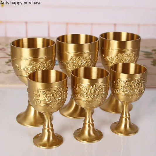 Carved Brass Wine Glass 6 Piece Set Golden Goblet Home Barware Liquor Glass Water Cup Metal Wine Cups Spirit Glass Crafts Gift