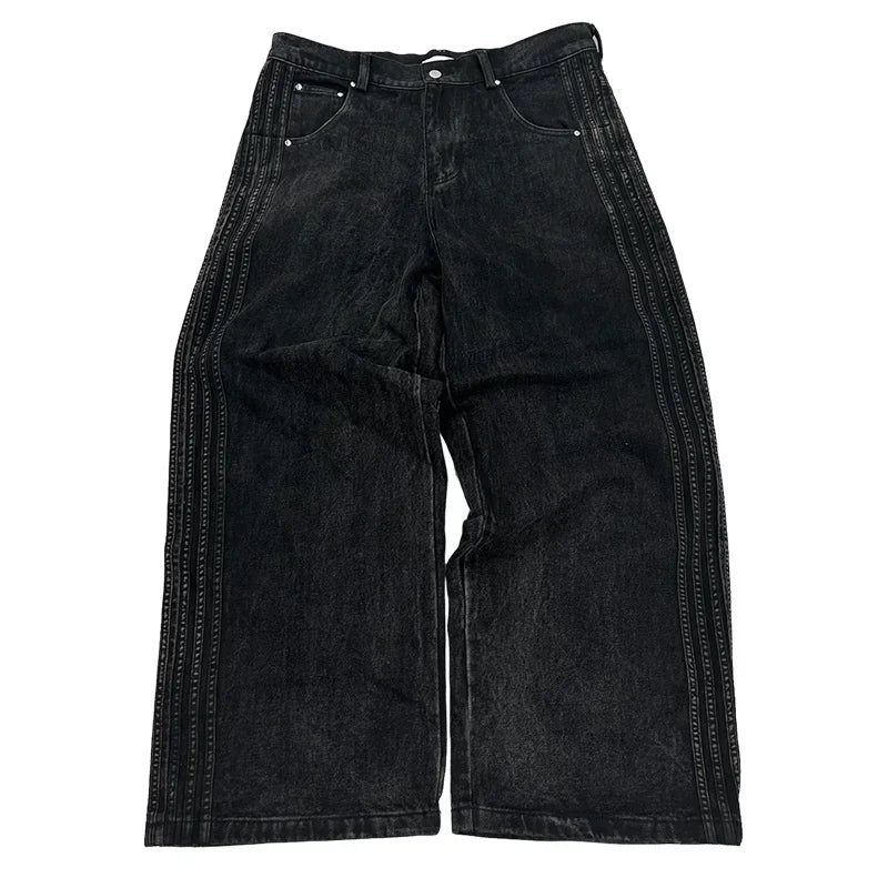 Unisex Jeans 2025 - High Street Vintage Striped Embroidered Harajuku Hip Hop Baggy