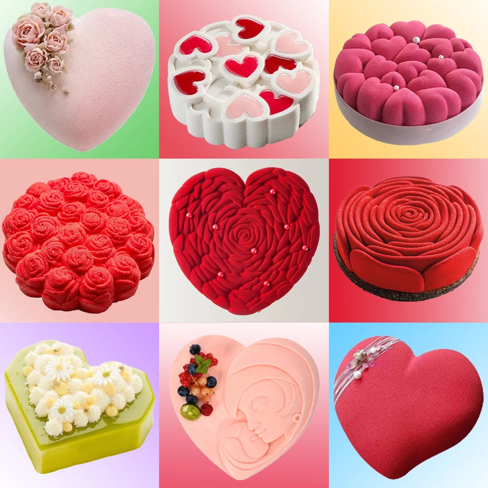 Romantic Heart or Rose Design Silicone Cake Molds Valentine's Day Mousse Cake Mold Kitchen Bakeware Dessert Decorating Tools