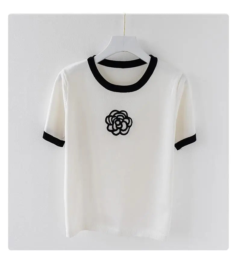 Knitted T Shirt for Women Summer Flower Embroidery Designer Luxury Clothes Slim Tops Women's Short Fashion Short Sleeve T-shirt