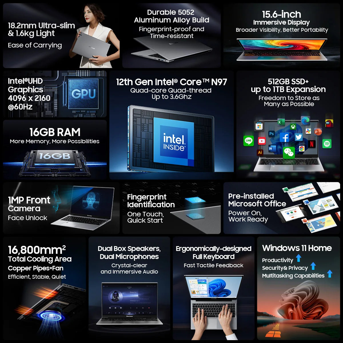 Laptop Blackview AceBook 8 15.6" 12th Gen Intel Alder Lake N97 16GB RAM 512GB SSD + extensie până la 1TB Windows 11 Home 15.6"