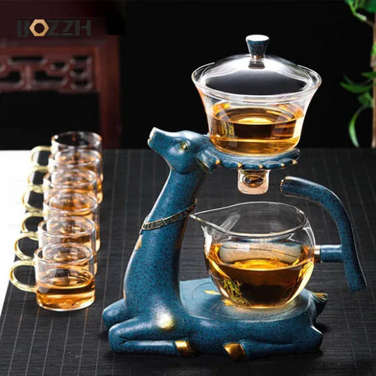 BOZZH-Kungfu Glass Tea Set, Creative Deer Teapot, Magnetic Water Diversion, Tea Infuser, Turkish Drip Pot with Base