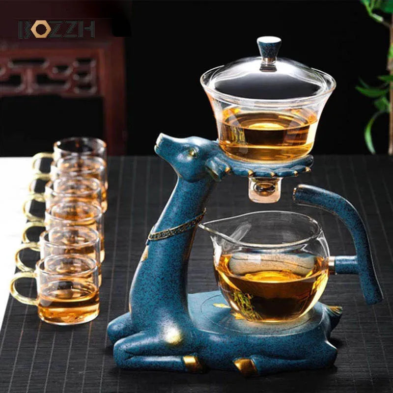 BOZZH-Kungfu Glass Tea Set, Creative Deer Teapot, Magnetic Water Diversion, Tea Infuser, Turkish Drip Pot with Base