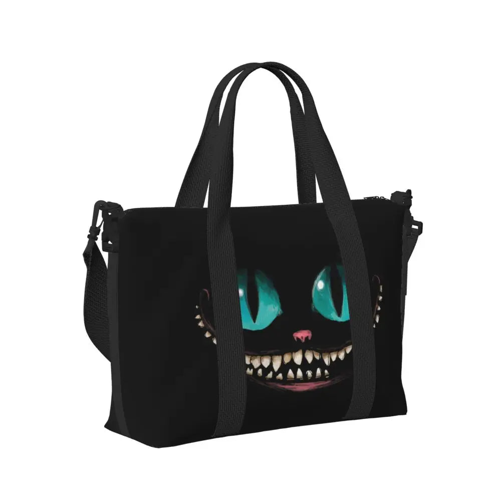 Geantă de plajă personalizată cu pisica Cheshire pentru femei, cu compartiment mare pentru sală și plajă, We're All Mad Here Cat