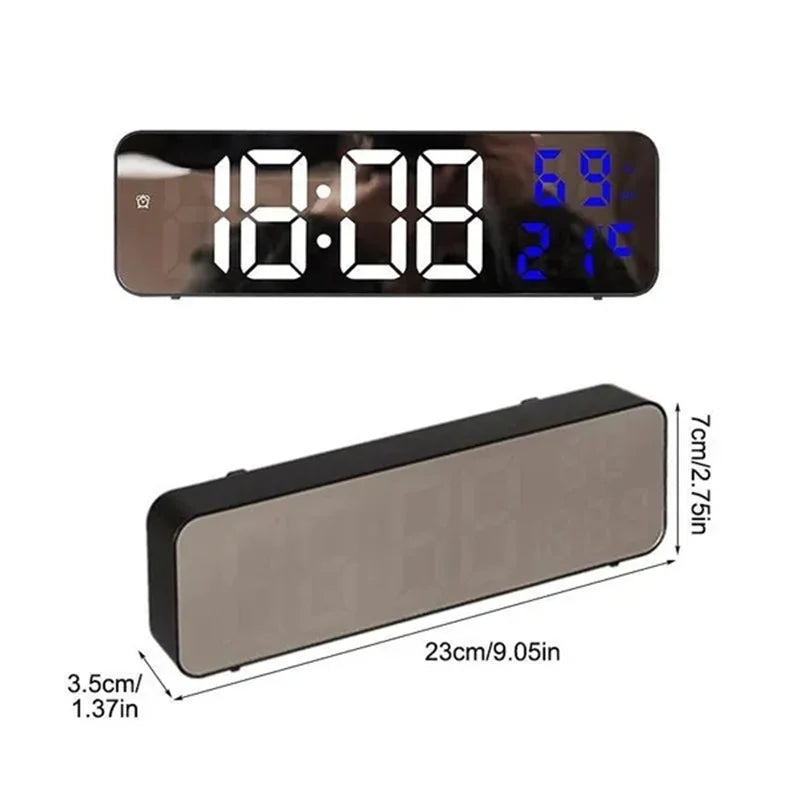 Led Wall Clock Large Screen Digital Mirror Adjustable Brightness Temp Humidity Date Display Alarm Clocks for Home Living Room