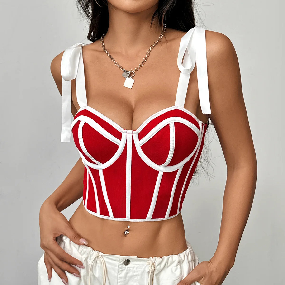 Woman Clothing Top Women T-shirt Tank Top Female Clothes Tops Tanks Camis Crop Top Y2K Sexy Ribbon Tie-Up Fishbone Camisole