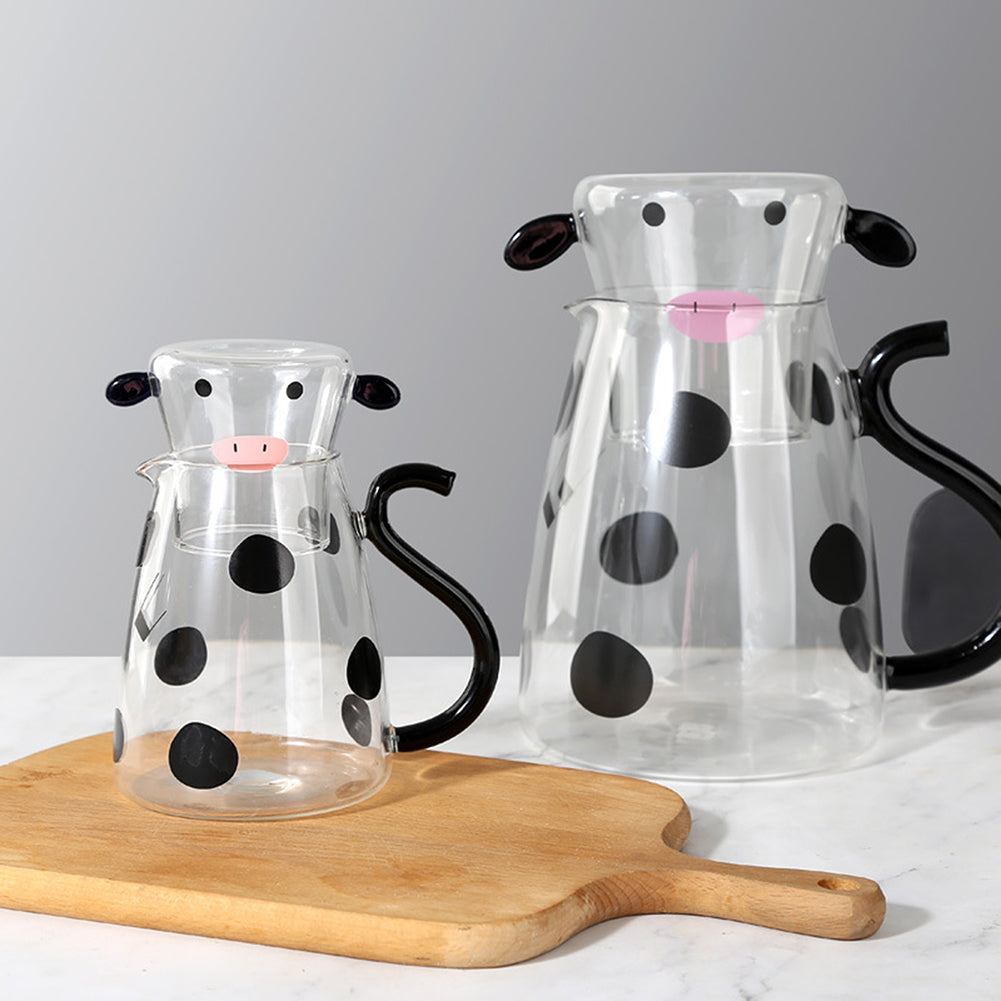 Glass Cold Water Kettle With Handle Lovely Cartoon Cow Cold Cup Flowering Teapot Milk Iced Beverage Bottle Jug Kitchen Supplies