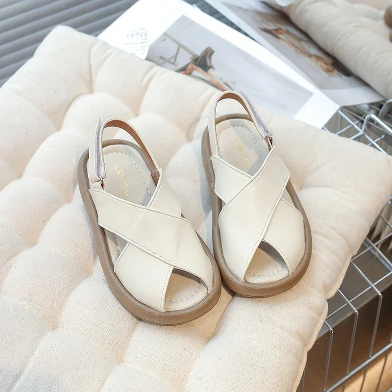 Girls Flats Solid Color Trendy Kids Sandals Hook&loop Adjustable 2025 Summer New Boys Fashion Beach Shoes Hollowed-out Chic
