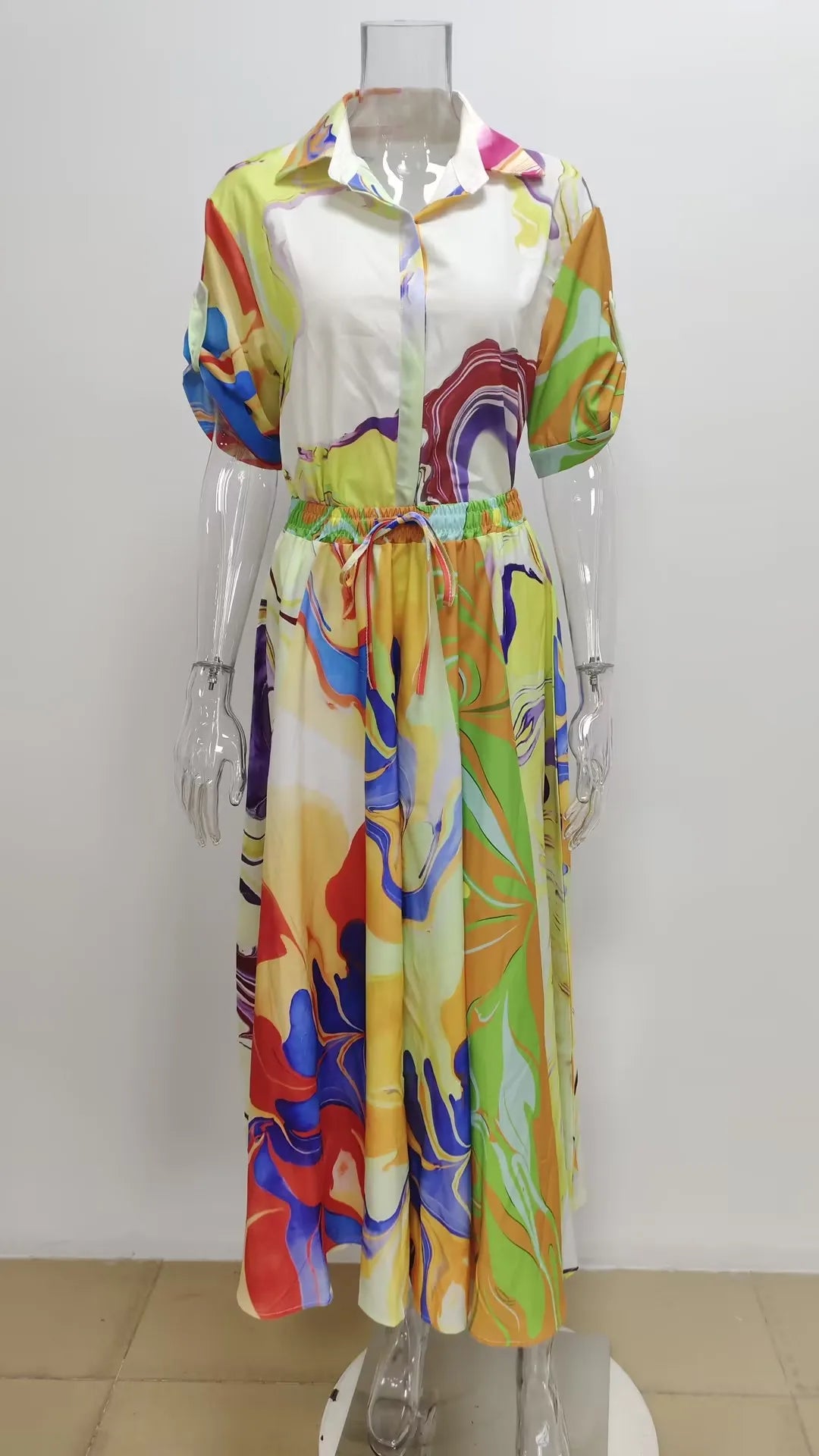 Seturi elegante de 2 piese pentru femei, vară, modă, imprimare, cămașă cu mânecă jumătate, costume casual, lejer, cu dantelă, talie înaltă, fustă, set