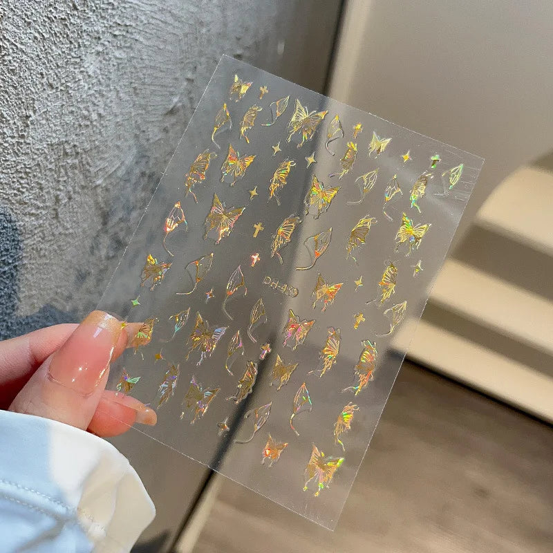 Autocolante roz violet Aurora Shell fluture unghii autocolante strălucitoare cu laser 3D fluturi unghii decalcomanii 8 * 10cm adeziv Aurora Shell fluture N