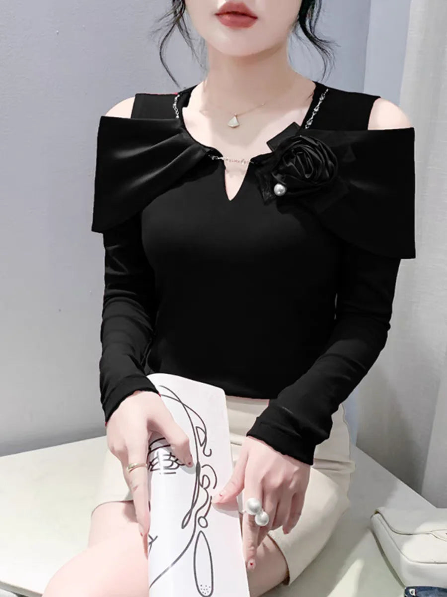 Women T-shirt Fashion T Shirt Cotton Slim Tee For Ladies Autumn Clothing New Long Sleeve Beading V-Neck Tops