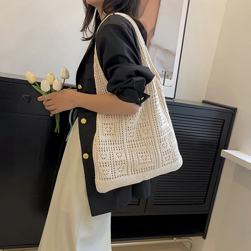 Knitted Handbags Beach Bags Lightweight Students Shoulder Casual Tote Female Style Shopping Woven Bags For Women Girls