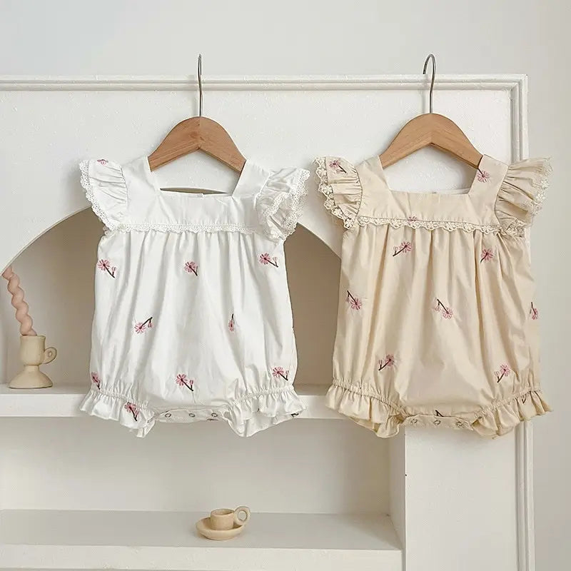 New Summer Collection: Newborn Girls' Lace Flutter Sleeve Embroidered Floral Cotton Jumpsuits, Adorable Infant Bodysuits
